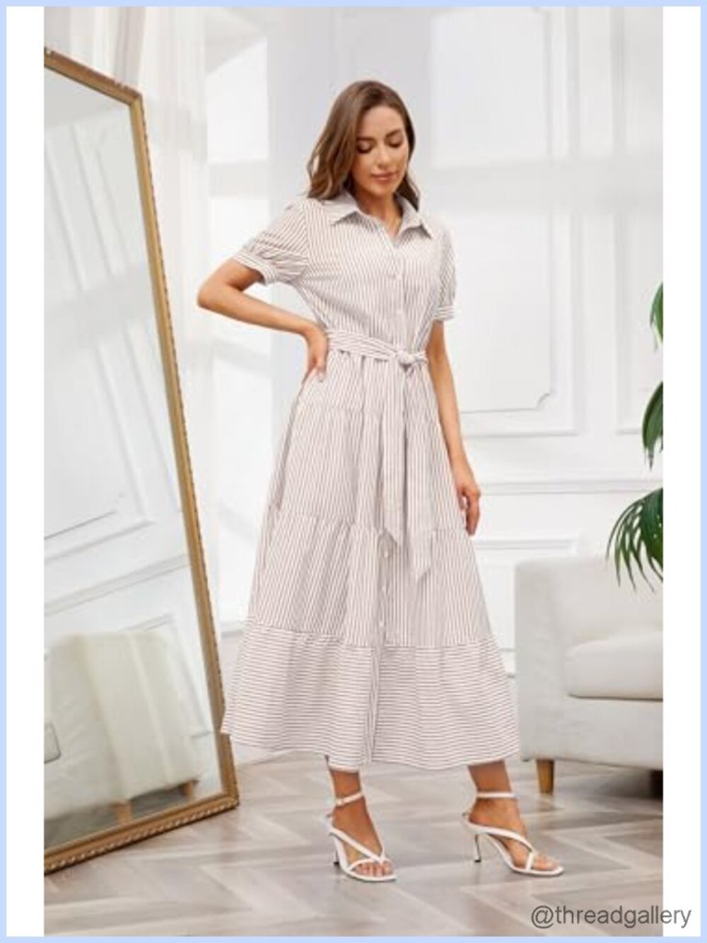 Womens Button Down Tie Waist Ruffled Striped Maxi Shirt Dress Short Sleeve - Picture 3 of 6
